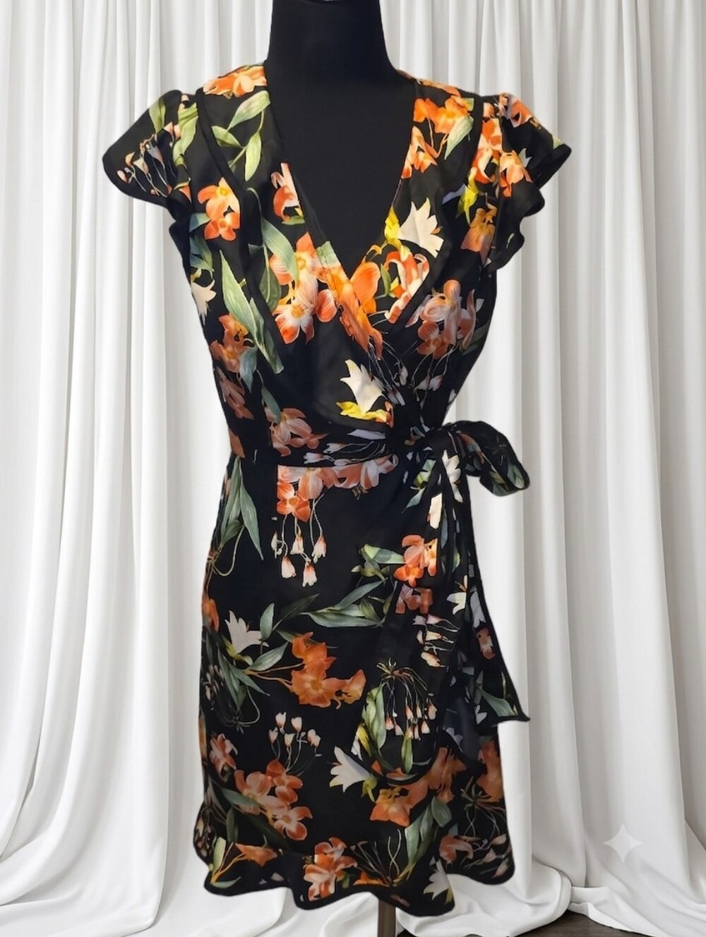 Karen Walker Black Wrap Midi Dress with Orange Floral Print